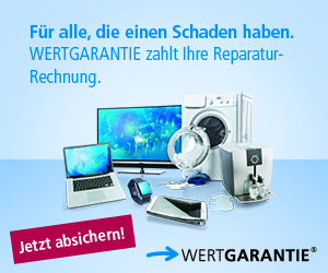 Werbung für Wertgarantie: Reparaturkostenübernahme für elektronische Geräte wie Laptop, Fernseher, Waschmaschine und mehr. Jetzt absichern!
