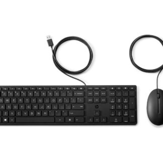 HP Halley Desktop Tastatur- und Maus-Set mit deutscher QWERTZ-Tastatur und optischer Maus, beide kabelgebunden mit USB-Anschluss, in schlichtem, schwarzem Design.