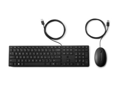 HP Halley Desktop Tastatur- und Maus-Set mit deutscher QWERTZ-Tastatur und optischer Maus, beide kabelgebunden mit USB-Anschluss, in schlichtem, schwarzem Design.