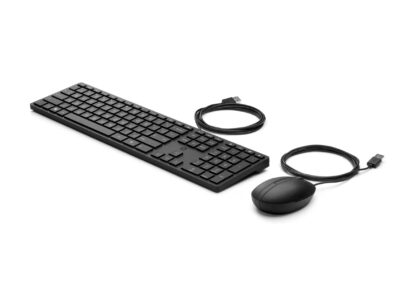 HP Halley Desktop Tastatur- und Maus-Set mit deutscher QWERTZ-Tastatur und optischer Maus, beide kabelgebunden mit USB-Anschluss, in schlichtem, schwarzem Design.